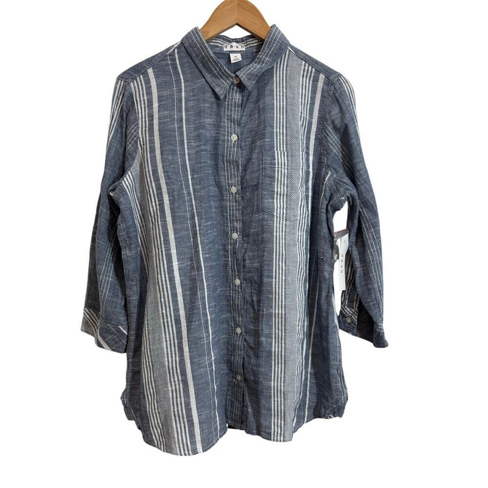 Dash Women M Cotton Button Up Blue White Lightweight 3/4 Sleeve Chic Casual